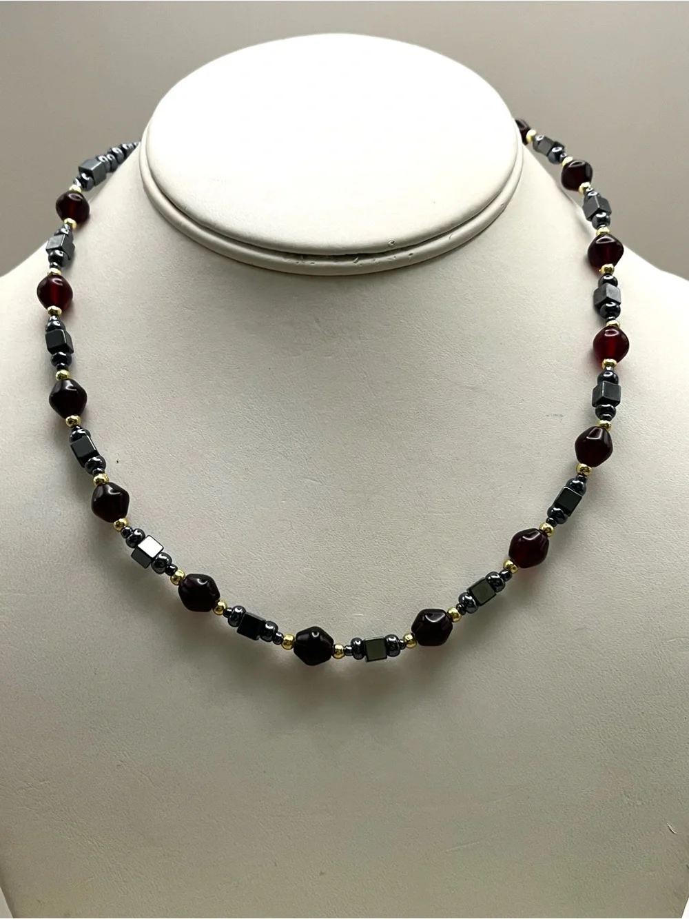 Vintage Hematite GarnetRed Glass Beaded Choker Necklace Gold Accent Barrel Clasp